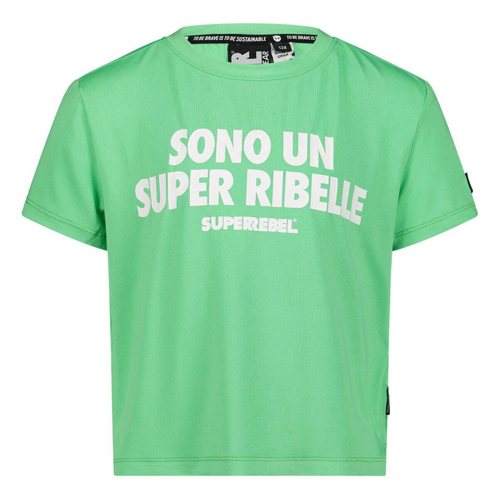 Lichtgroene meisjes SuperRebel T-shirt van gerecycled polyester fluor met tekst print, korte mouwen en ronde hals