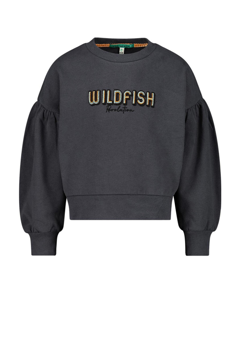 Grijze meisjes Wildfish sweater Kit met tekst print, lange mouwen, ronde hals en pofmouwen
