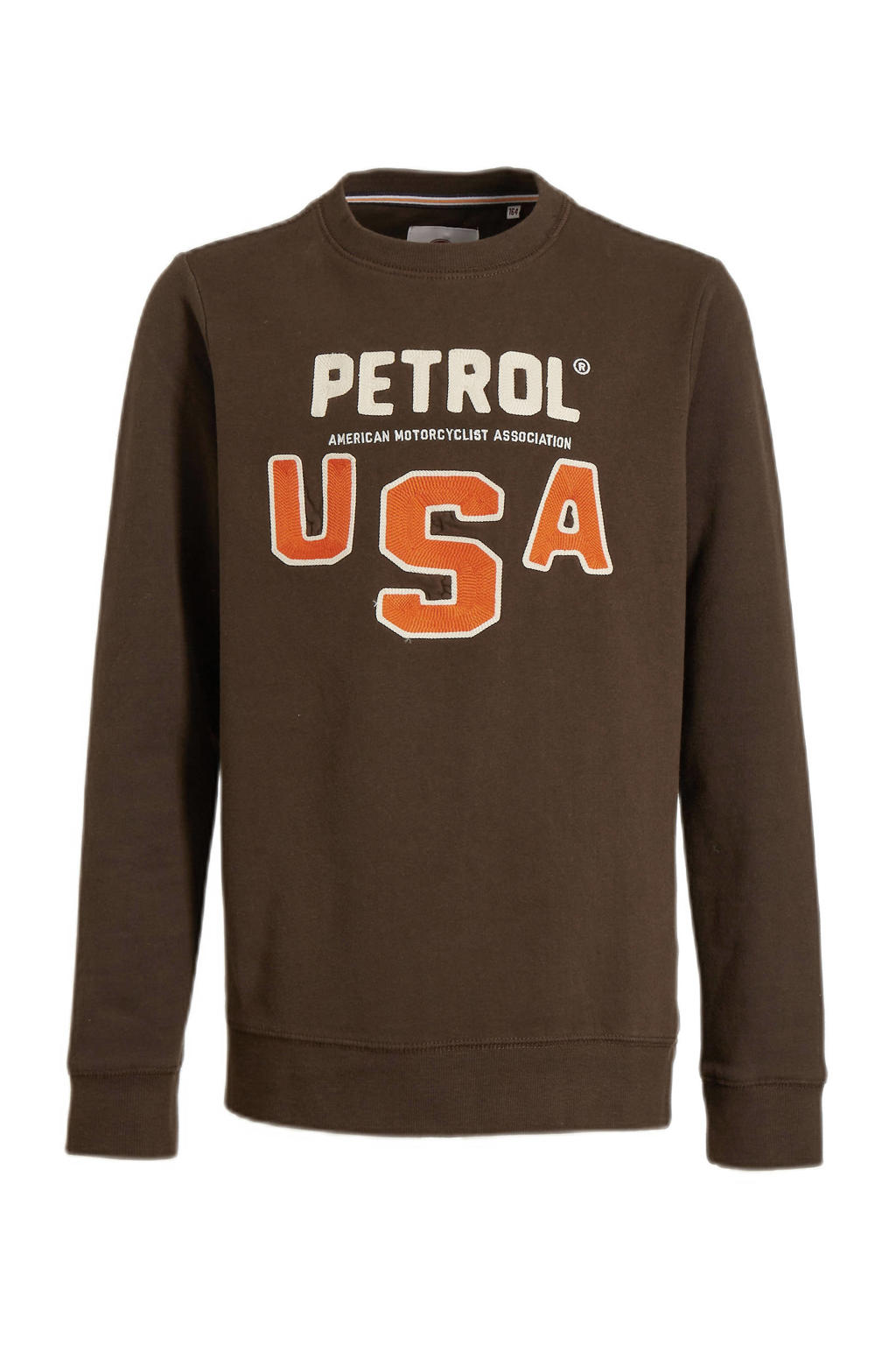 Bruine jongens Petrol Industries sweater met logo dessin, lange mouwen en ronde hals