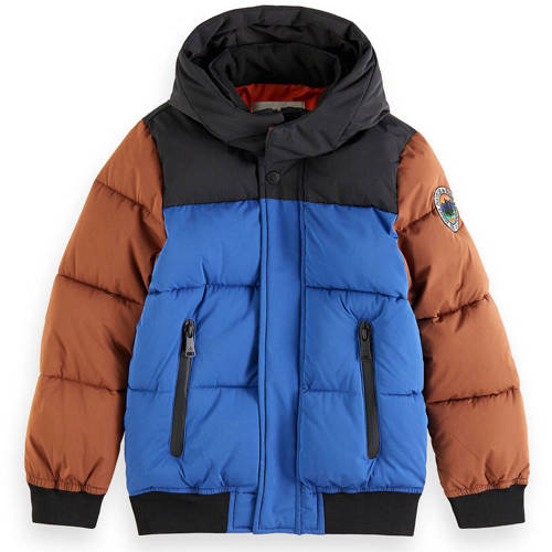 Scotch & Soda gewatteerde winterjas blauw/bruin/zwart Jongens Gerecycled polyester Capuchon