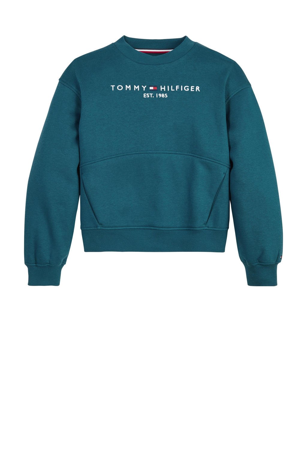 Blauwe meisjes Tommy Hilfiger sweater met logo dessin, lange mouwen en ronde hals