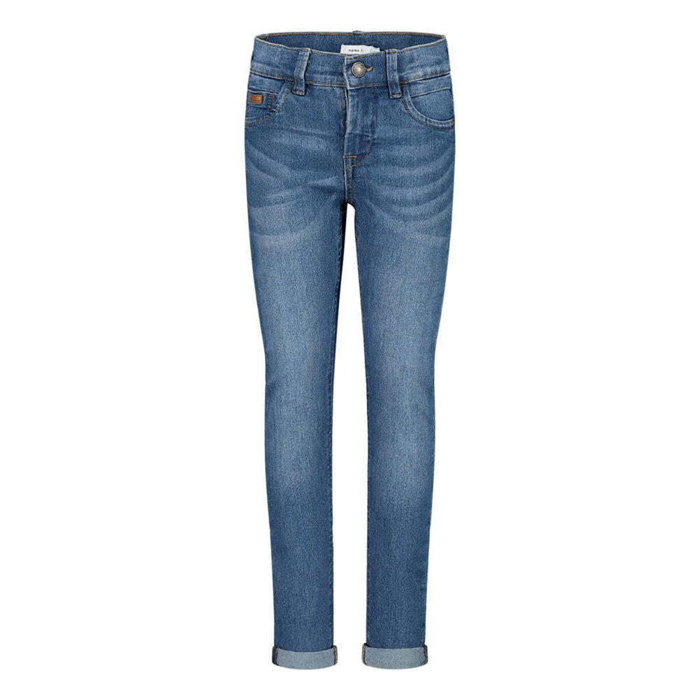 Medium blue denim jongens NAME IT skinny jeans van stretchdenim met regular waist, rits- en haaksluiting en effen
