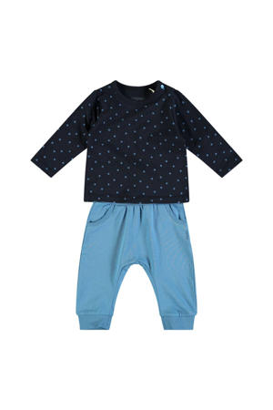 longsleeve + broek met stipdessin donkerblauw/blauw