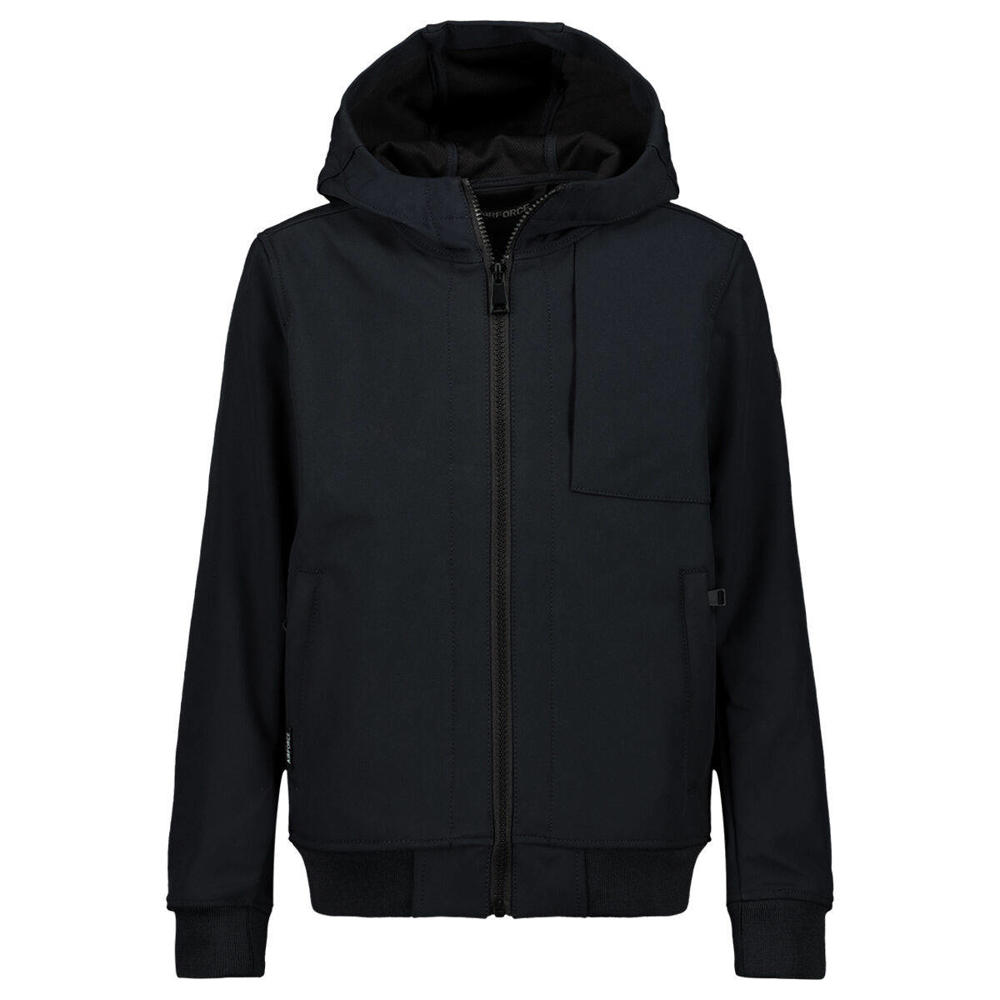 Zwarte jongens Airforce softshell jas zomer van polyester met effen, lange mouwen, capuchon, ritssluiting en elastische boord