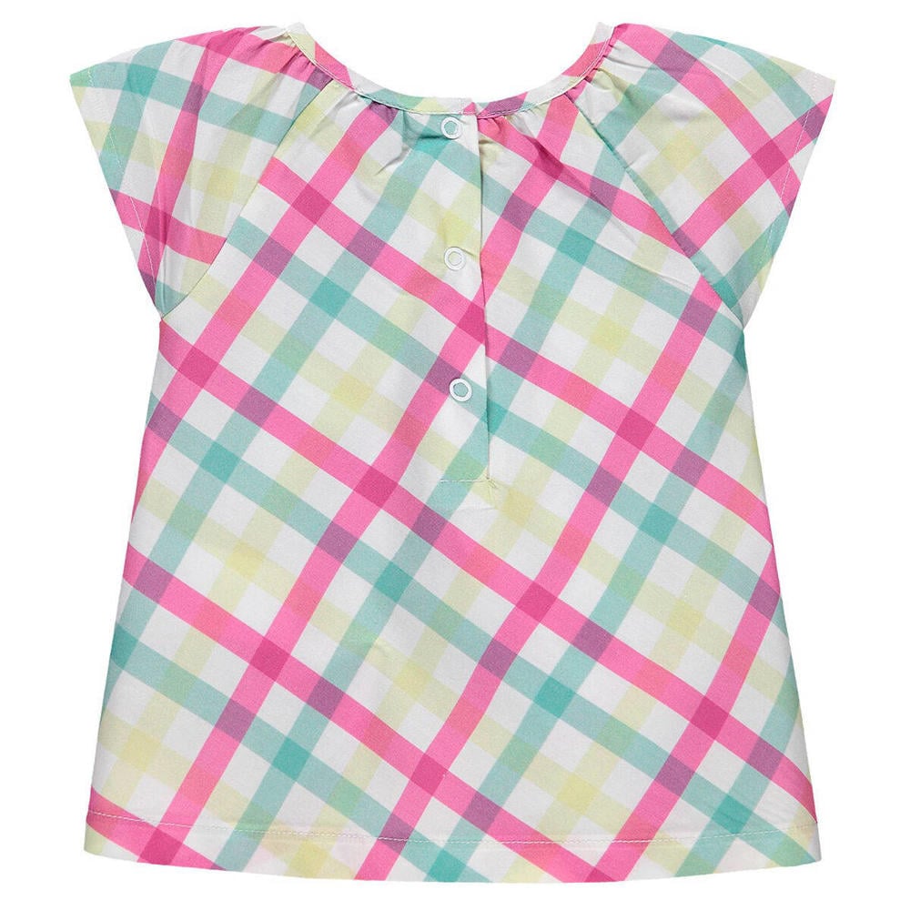 Roze meisjes Kanz baby geruite blouse van katoen met kapmouwtjes, V-hals en knoopsluiting