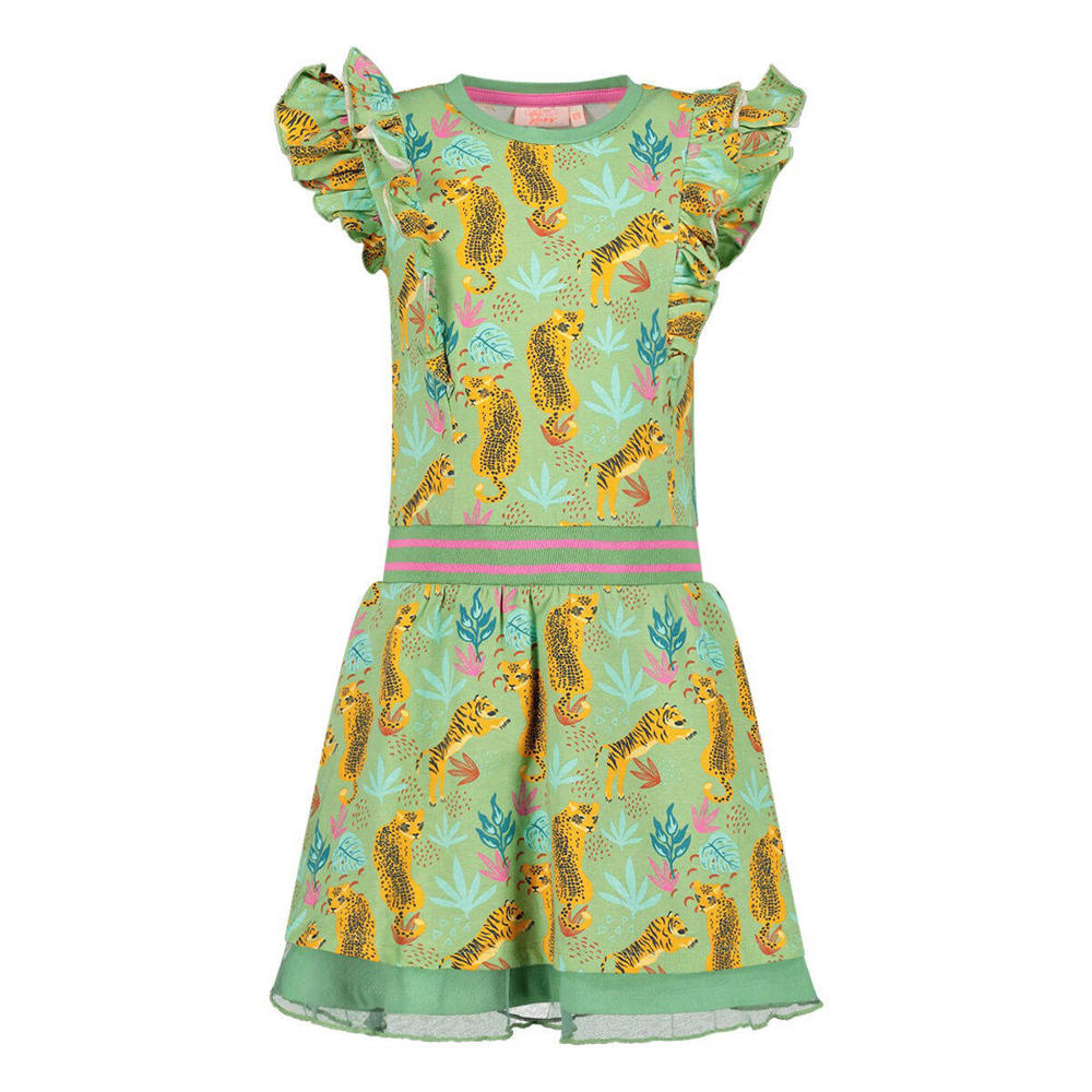 Groene meisjes Orange Stars jurk met ruches van stretchkatoen met all over print, kapmouwtjes en ronde hals