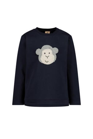 sweater met printopdruk en 3D applicatie donkerblauw