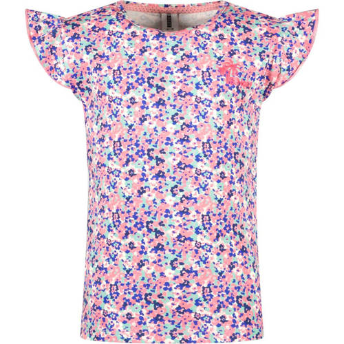 B.Nosy T-shirt met all over print en ruches roze/paars Meisjes Katoen Ronde hals - 146-152