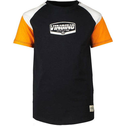 Vingino T-shirt met logo zwart/oranje/wit Jongens Katoen Ronde hals Logo