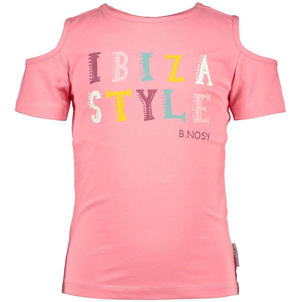 Roze meisjes B.Nosy T-shirt van stretchkatoen met tekst print, korte mouwen, ronde hals en open shoulder