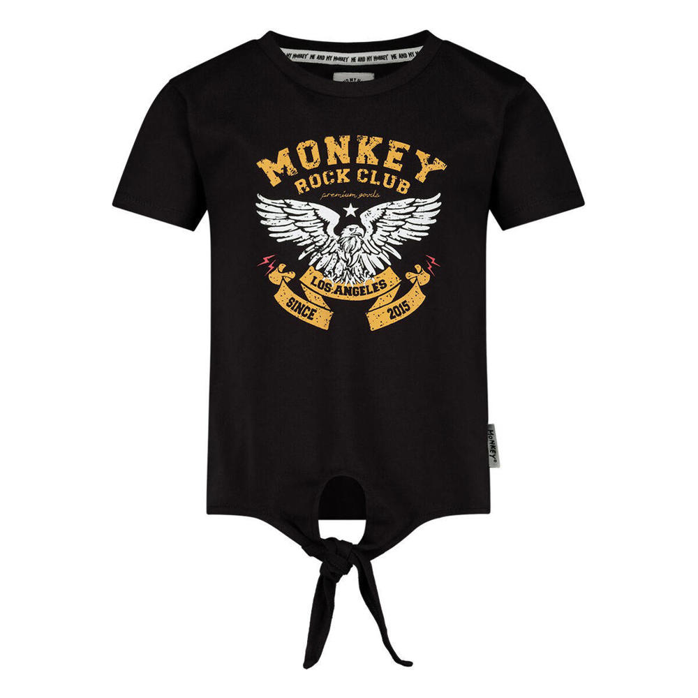 Zwarte meisjes Me & My Monkey T-shirt van stretchkatoen met printopdruk, korte mouwen, ronde hals en striksluiting