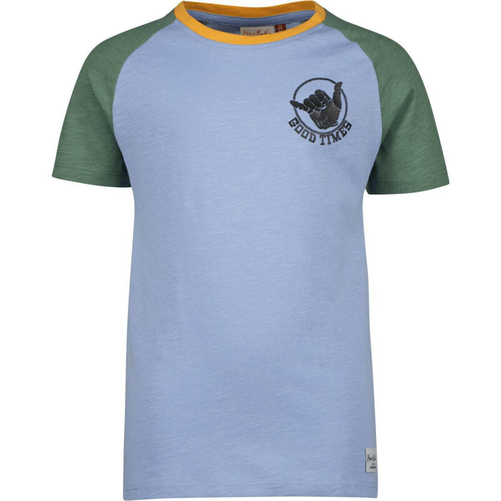 Blauwe jongens Vingino T-shirt van katoen met meerkleurige print, korte mouwen en ronde hals