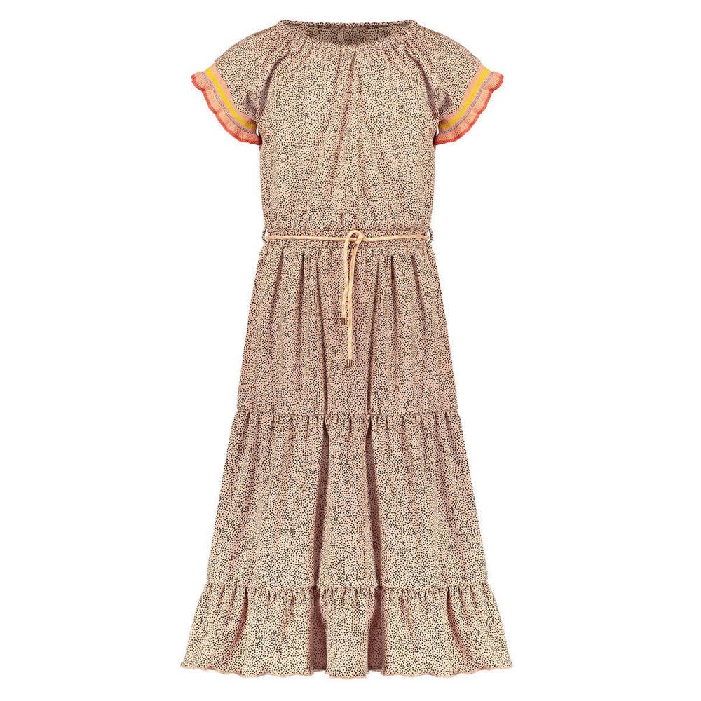 Zandkleurige meisjes NONO A-lijn jurk Mirthy van stretchkatoen met all over print, korte mouwen en boothals