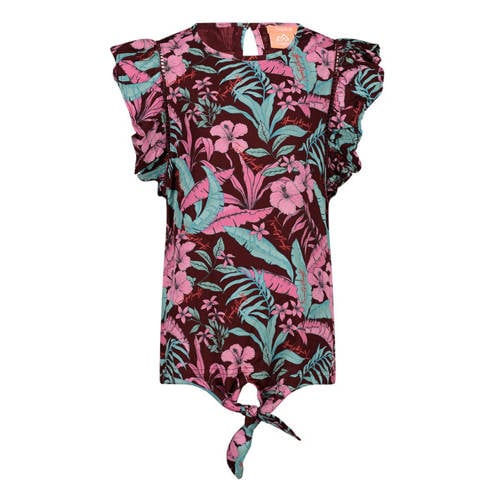 29FT blouse met bladprint en ruches paars/roze/groen Meisjes Viscose Ronde hals