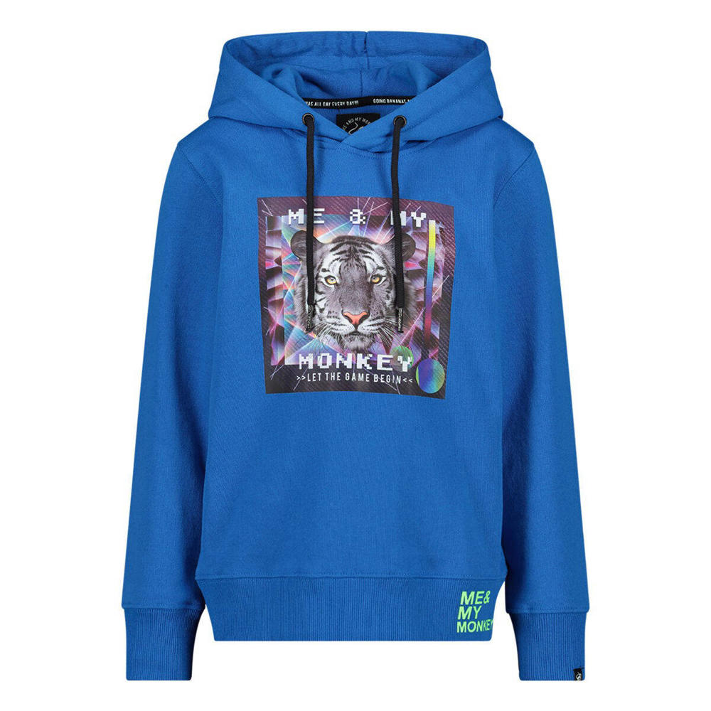 Blauwe jongens Me & My Monkey hoodie van sweat materiaal met printopdruk, lange mouwen, capuchon en geribde boorden