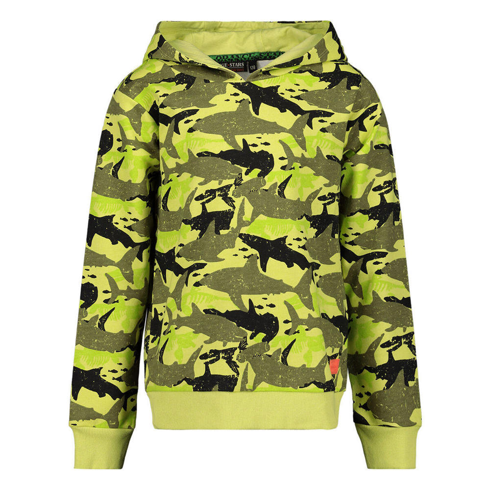 Limegroene jongens Orange Stars hoodie van stretchkatoen met camouflageprint, lange mouwen en capuchon