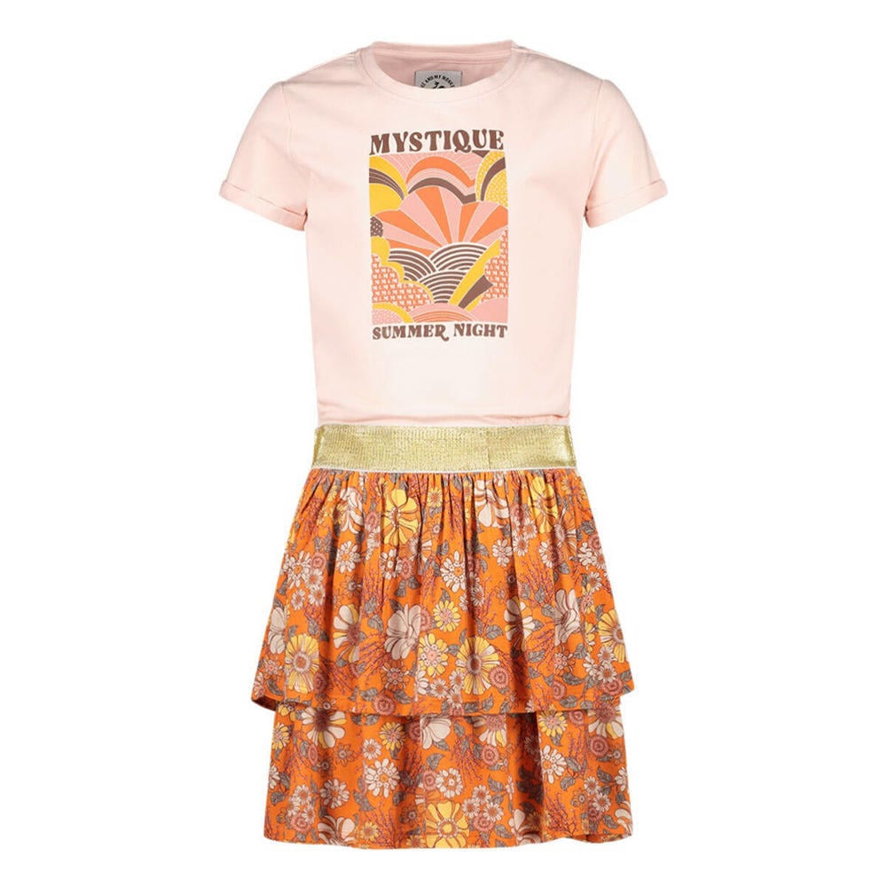 Lichtroze en oranje meisjes Me & My Monkey jurk van stretchkatoen met all over print, korte mouwen en ronde hals
