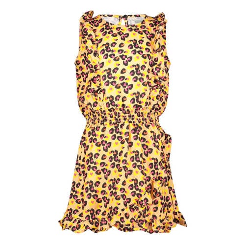 Cars jurk Daphne met all over print en ruches geel/bruin Meisjes Polyester Ronde hals