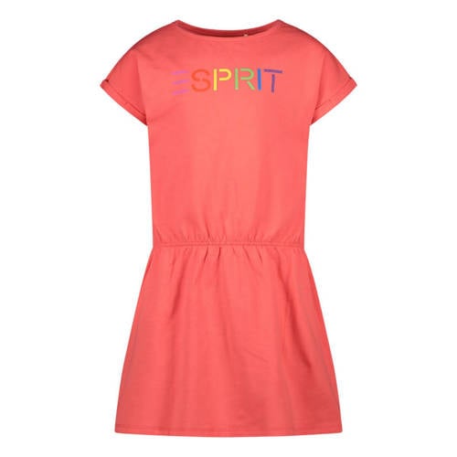 ESPRIT jurk met logo koraalrood Meisjes Stretchkatoen Ronde hals Logo