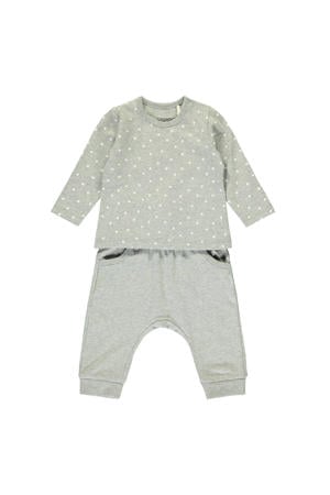 longsleeve + broek met stipdessin grijs melange