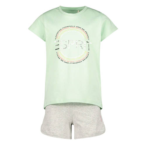 ESPRIT T-shirt + short lichtgroen/lichtgrijs melange Shirt + broek Meisjes Katoen Ronde hals
