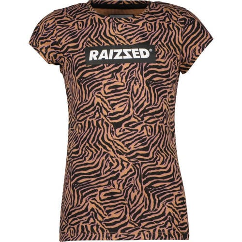 Raizzed T-shirt met zebraprint bruin/zwart Meisjes Katoen Ronde hals Zebraprint