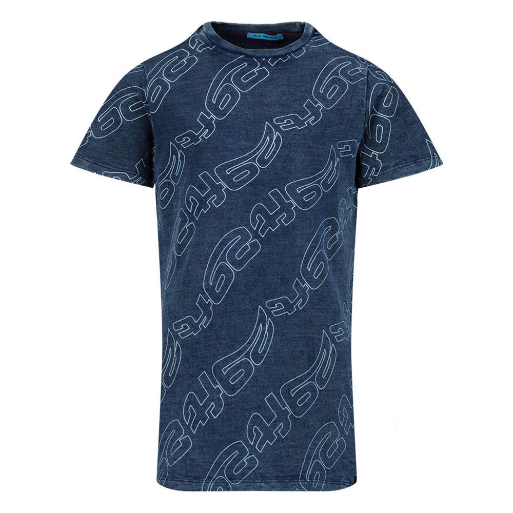 Donkerblauwe jongens 29FT T-shirt van katoen met all over print, korte mouwen en ronde hals
