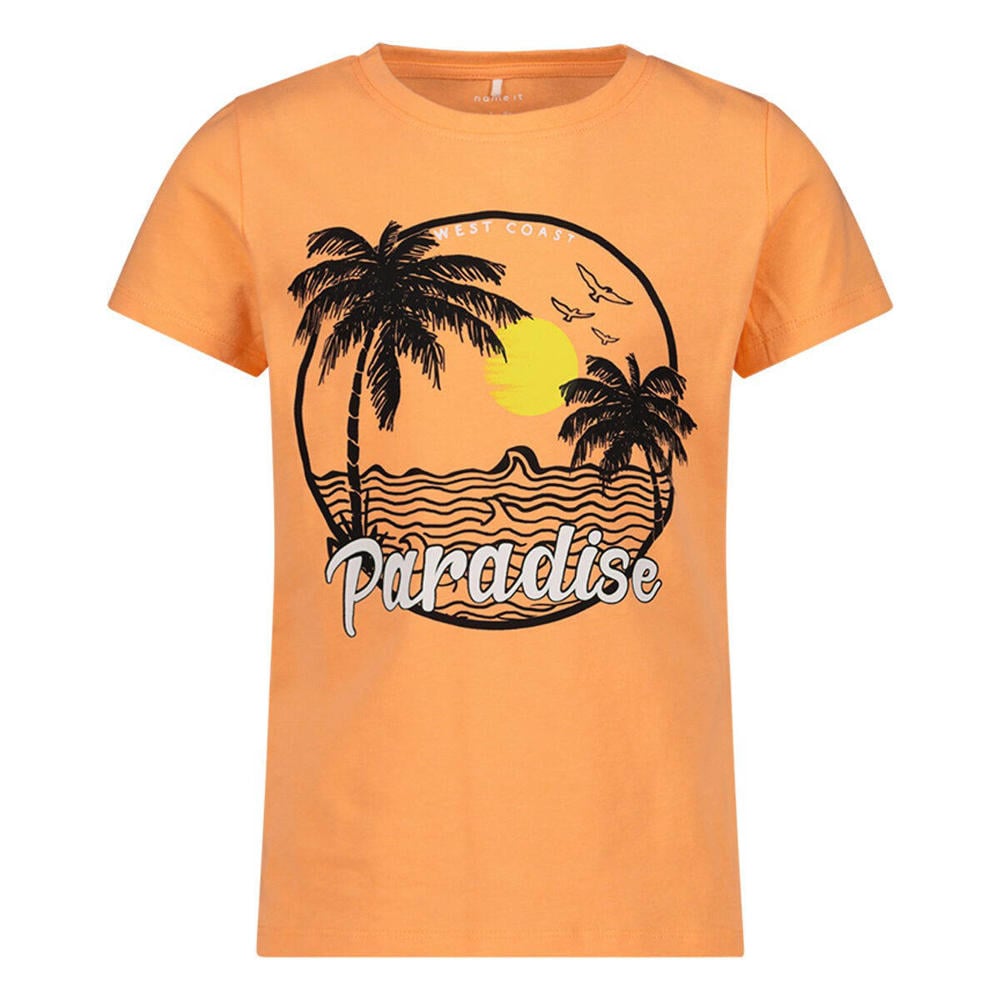 Oranje meisjes NAME IT T-shirt katoen met printopdruk, korte mouwen en ronde hals