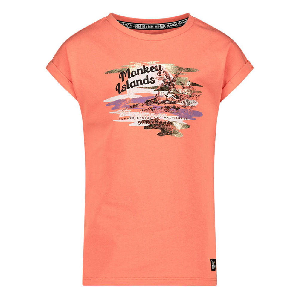 Oranje meisjes Me & My Monkey T-shirt van stretchkatoen met printopdruk, korte mouwen en ronde hals