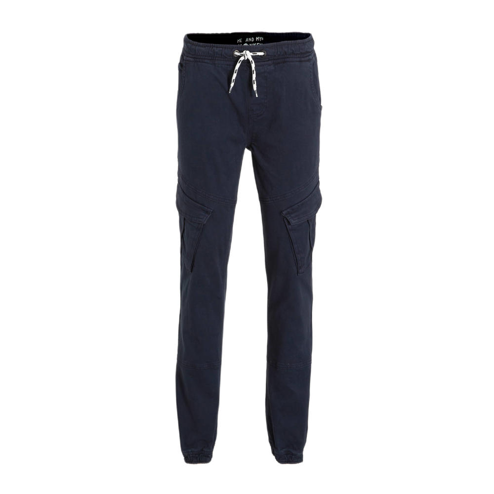 Donkerblauwe jongens Me & My Monkey tapered fit broek van stretchkatoen met regular waist en elastische tailleband met koord