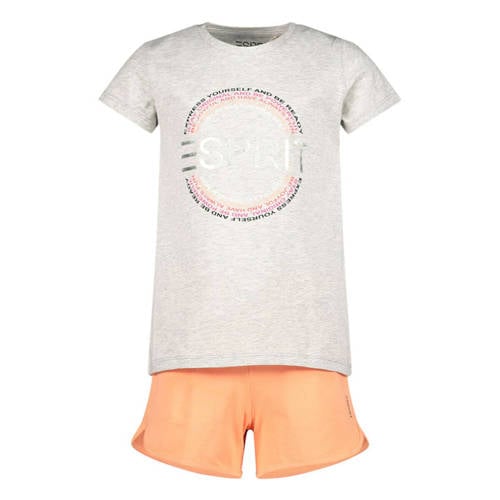 ESPRIT T-shirt + short lichtgrijs melange/oranje Shirt + broek Meisjes Stretchkatoen Ronde hals - maat 152 afbeelding