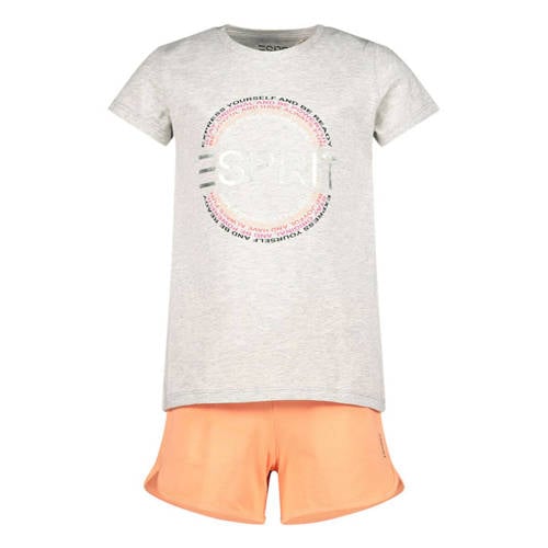 ESPRIT T-shirt + short lichtgrijs melange/oranje Shirt + broek Meisjes Stretchkatoen Ronde hals