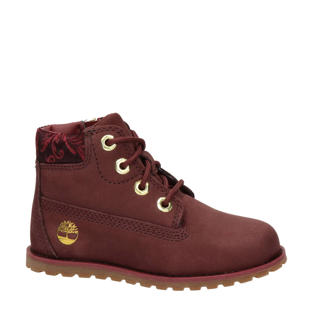 Bruin en rode jongens en meisjes Timberland Pokey Pine nubuck veterboots met profielzool en rits- en vetersluiting