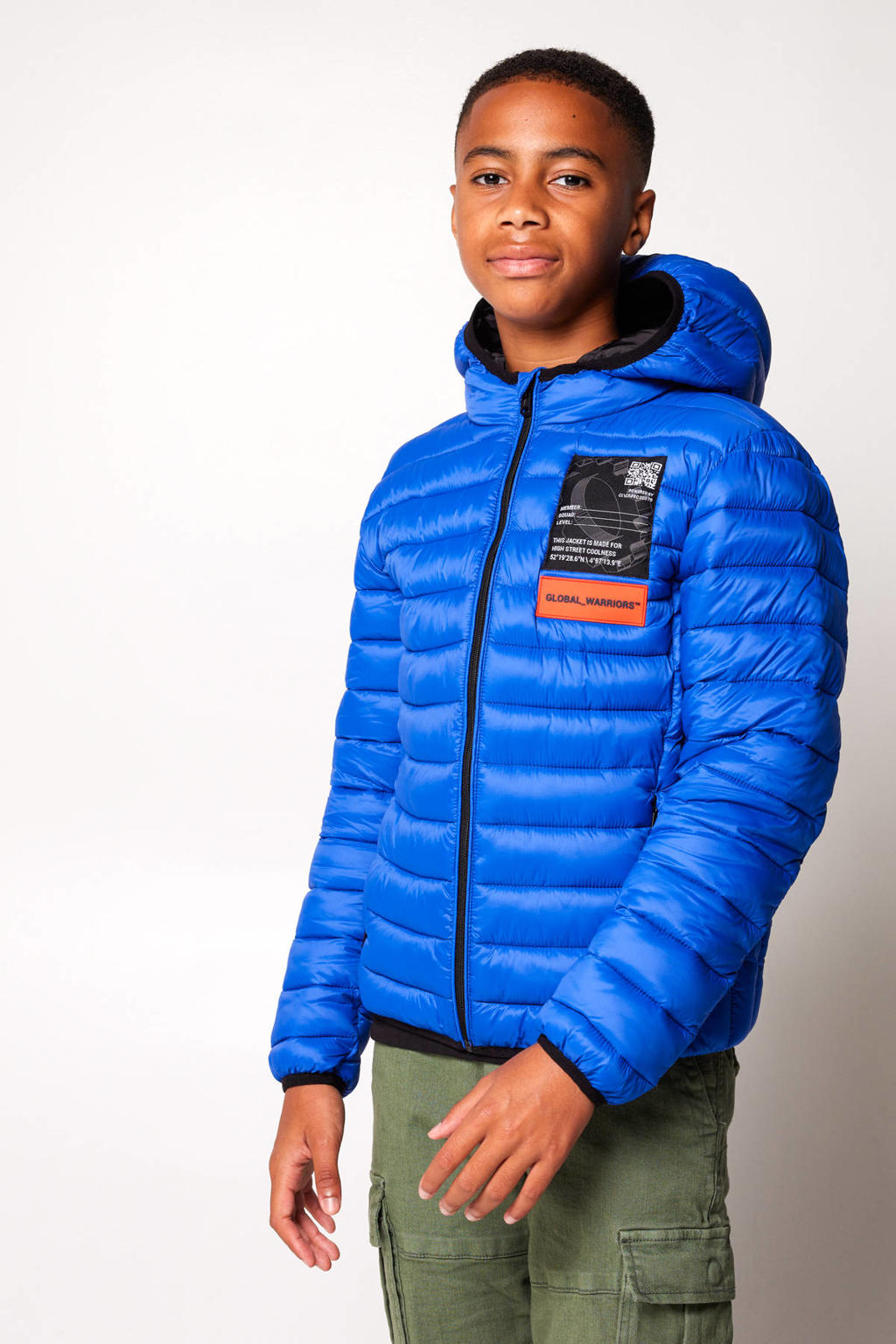 Blauwe jongens CoolCat Junior gewatteerde winterjas Jay van nylon met printopdruk, lange mouwen, capuchon, ritssluiting en elastische boord