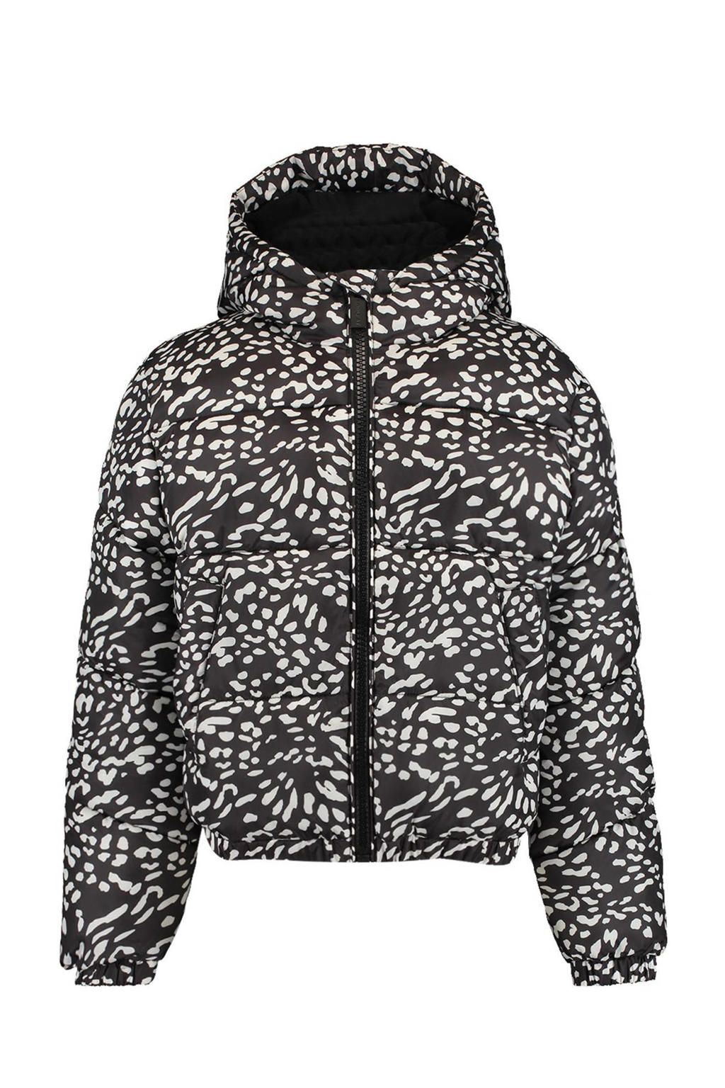 Zwart en witte meisjes CoolCat Junior gewatteerde winterjas Jayla van polyester met all over print, lange mouwen, capuchon, ritssluiting en elastische boord