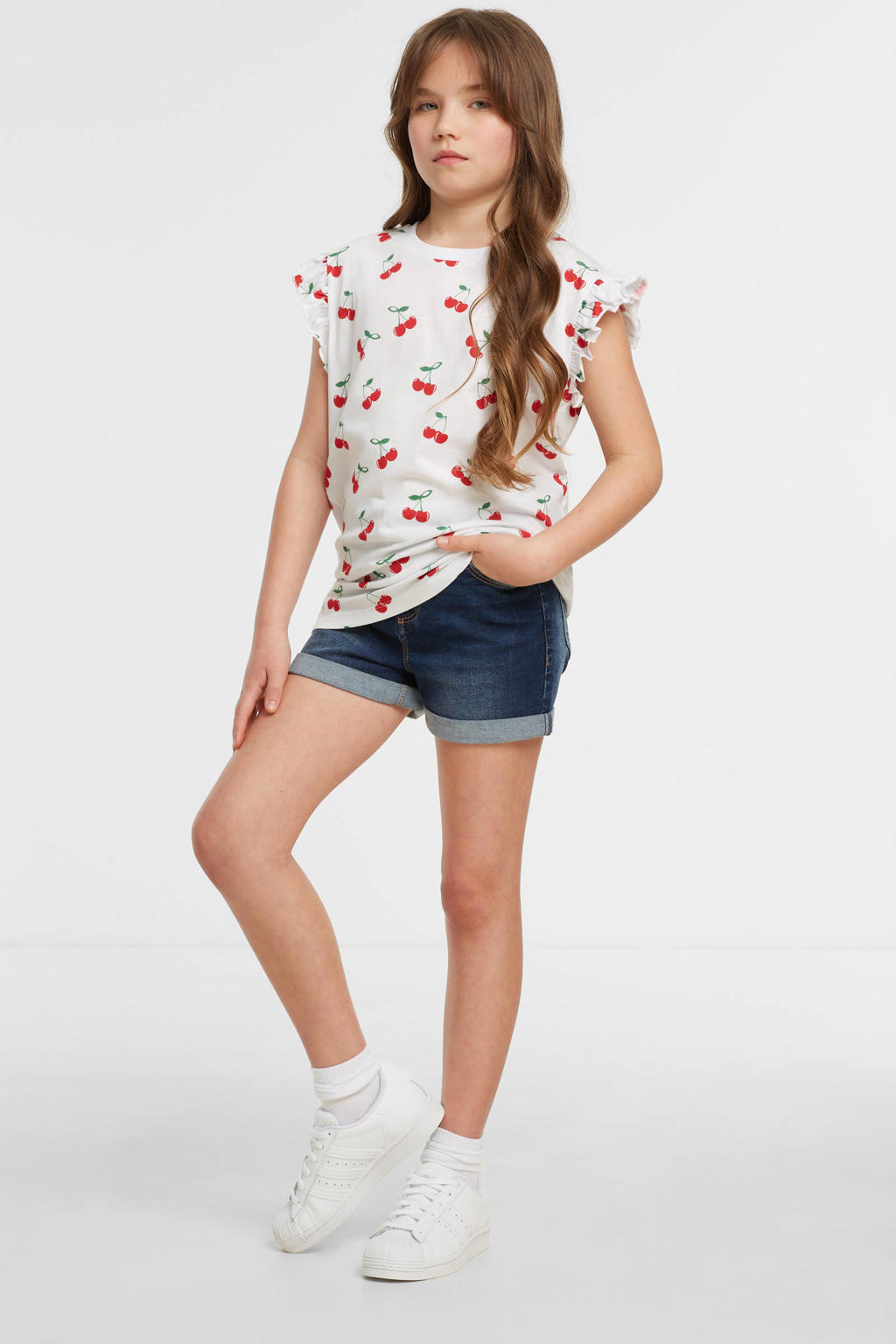 Blauwe meisjes anytime short van denim met regular waist, rits- en knoopsluiting en effen