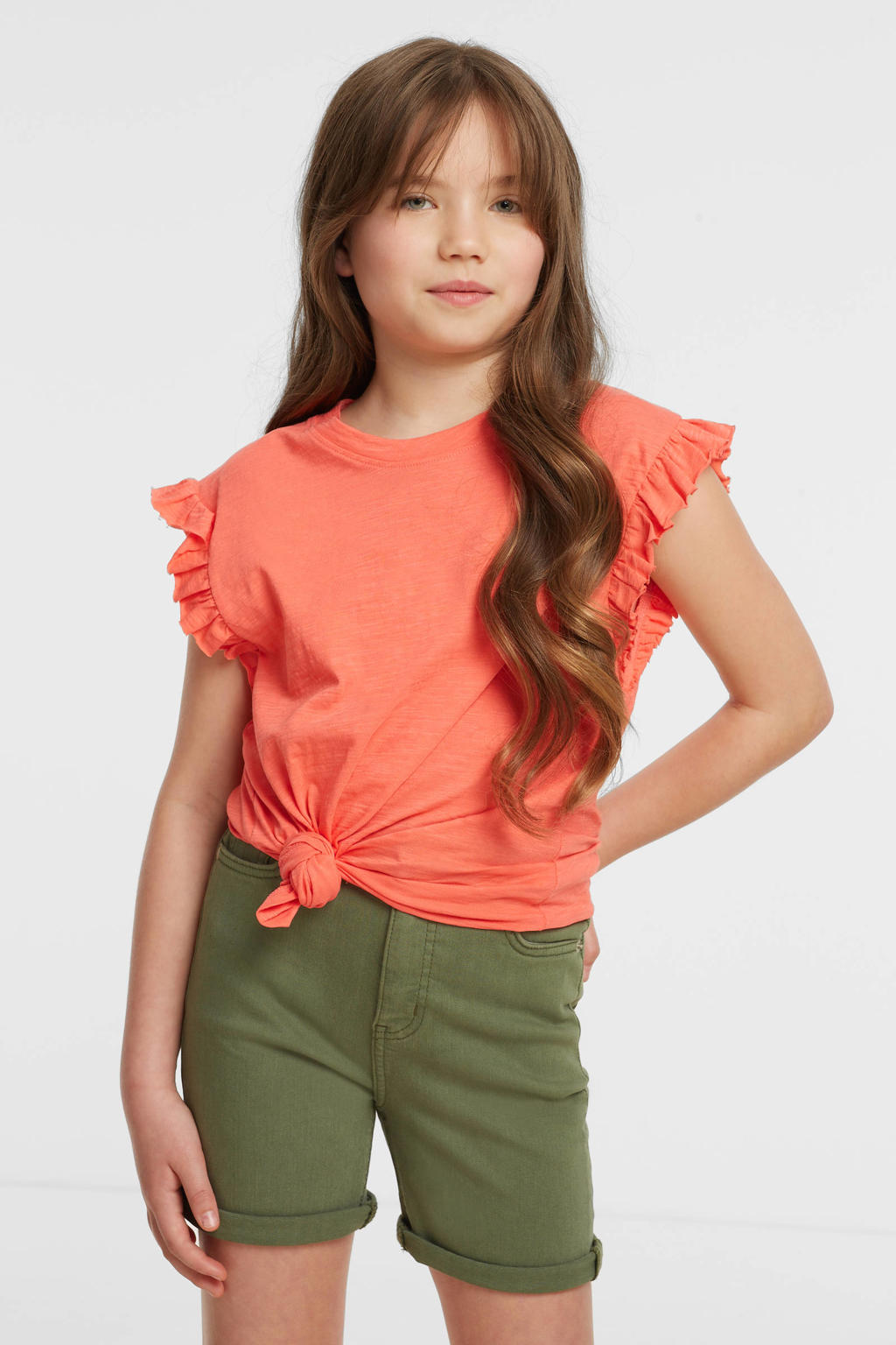 Kakikleurige meisjes anytime short van denim met regular waist, rits- en knoopsluiting en effen