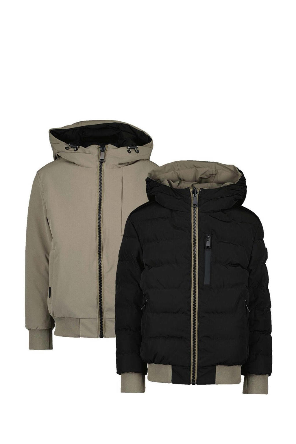 Bruin en zwarte jongens Airforce gewatteerde reversible winterjas van polyester met effen, lange mouwen, capuchon, ritssluiting en elastische boord