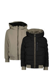 thumbnail: Bruin en zwarte jongens Airforce gewatteerde reversible winterjas van polyester met effen, lange mouwen, capuchon, ritssluiting en elastische boord
