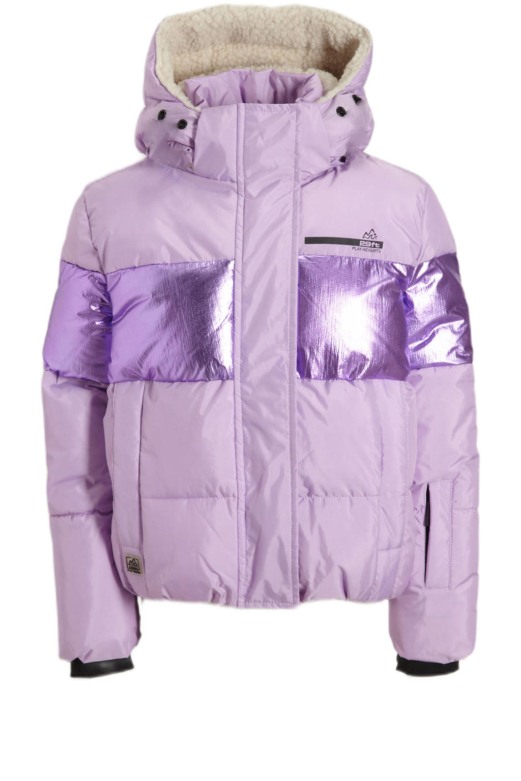 Paarse meisjes 29FT ski-jack van polyester met effen, capuchon en rits- en drukknoopsluiting