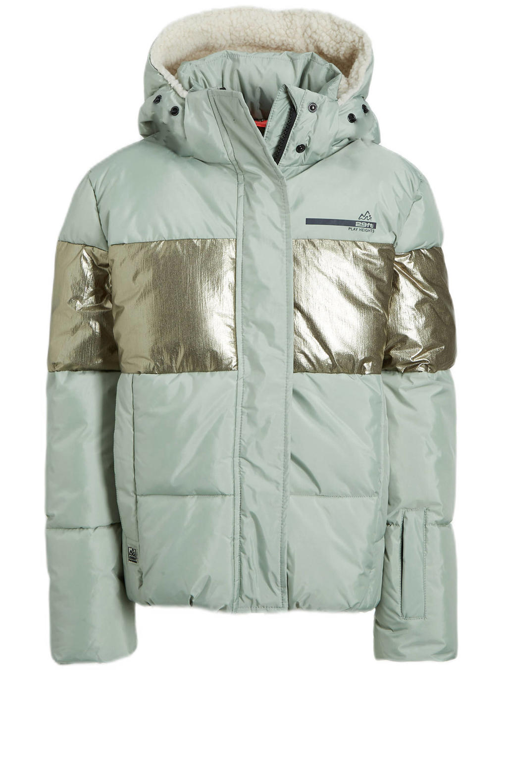 Mintgroene meisjes 29FT ski-jack van gerecycled polyester met capuchon en rits- en drukknoopsluiting