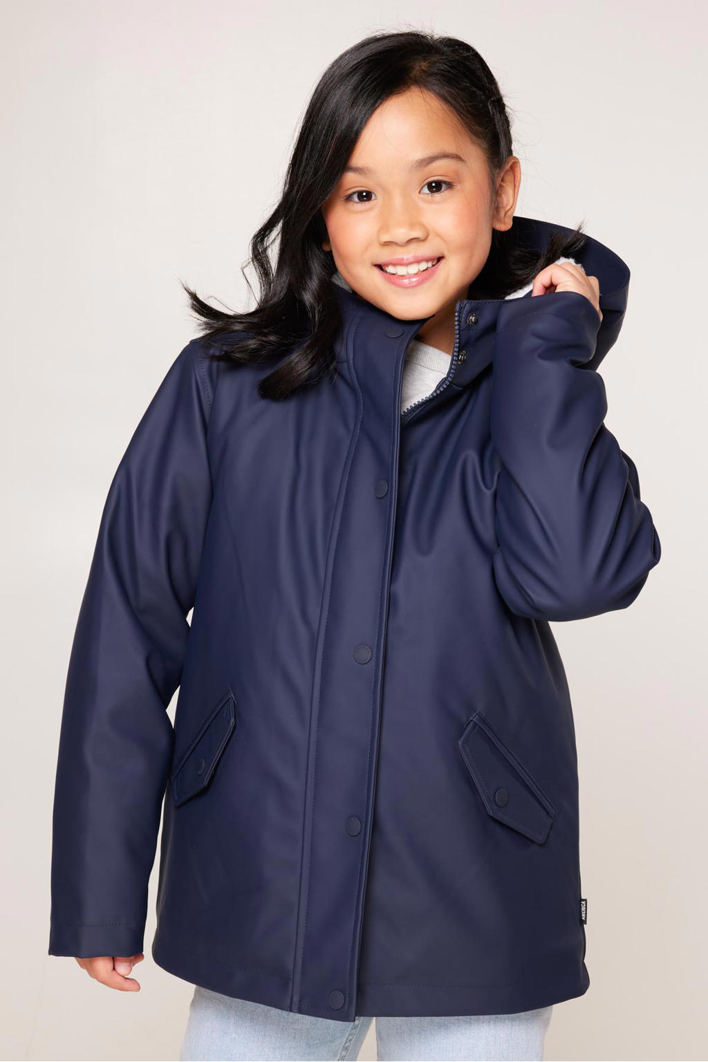 Blauwe meisjes America Today unisex regenjas Janice Teddy JR van polyamide met effen, lange mouwen, capuchon en ritssluiting