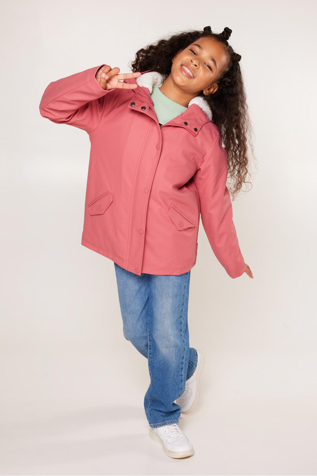Rode meisjes America Today unisex regenjas Janice Teddy JR van polyamide met effen, lange mouwen, capuchon en ritssluiting