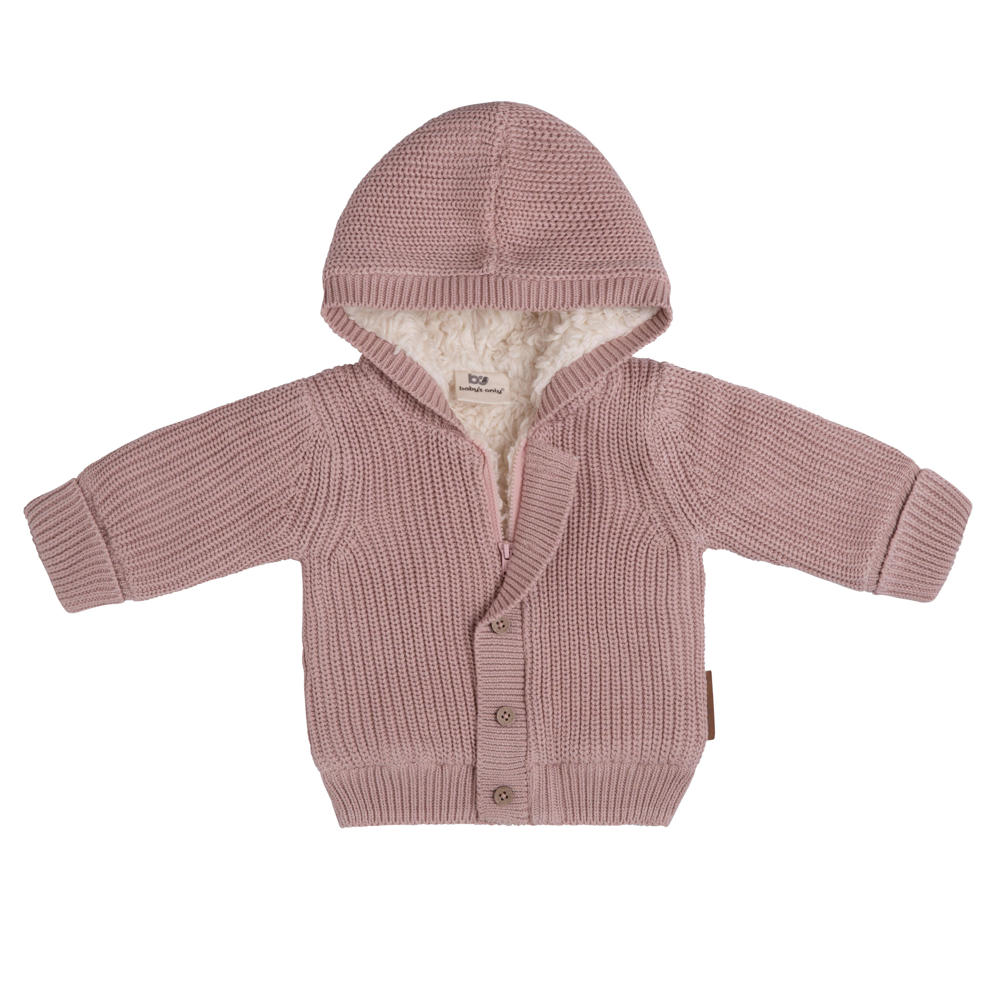 Oudroze meisjes Baby's Only gebreide baby teddyjas Soul van katoen met effen, lange mouwen, capuchon, halve rits en geribde boorden