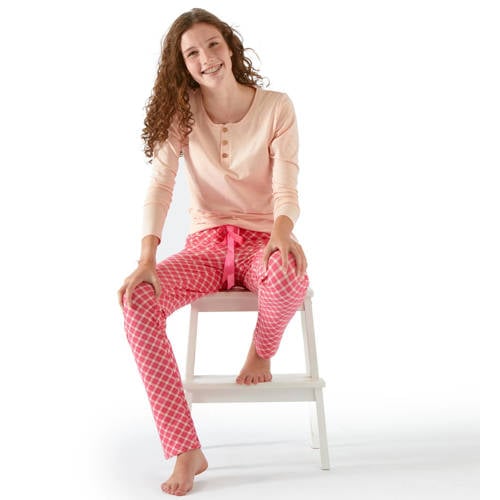 Little Label geruite pyjama van biologisch katoen roze Meisjes Stretchkatoen Ronde hals