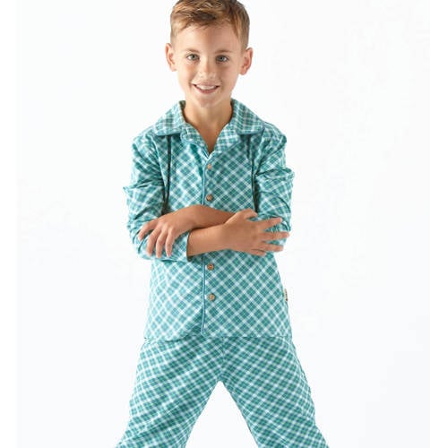 Little Label geruite pyjama van biologisch katoen blauw Jongens Stretchkatoen Klassieke kraag