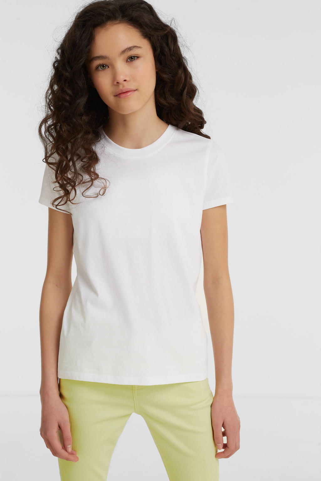 Witte meisjes anytime basic T-shirt van katoen met effen, korte mouwen en ronde hals