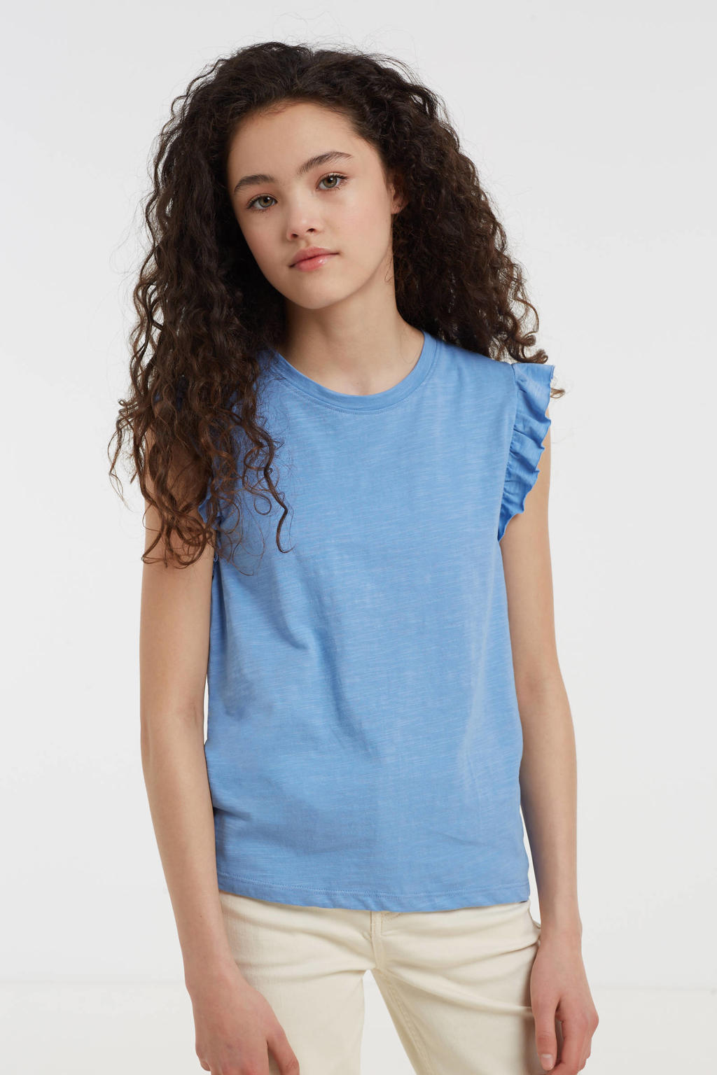 Shirttop met opstaande kraag, onderhoudsarm in middenblauw | Witt