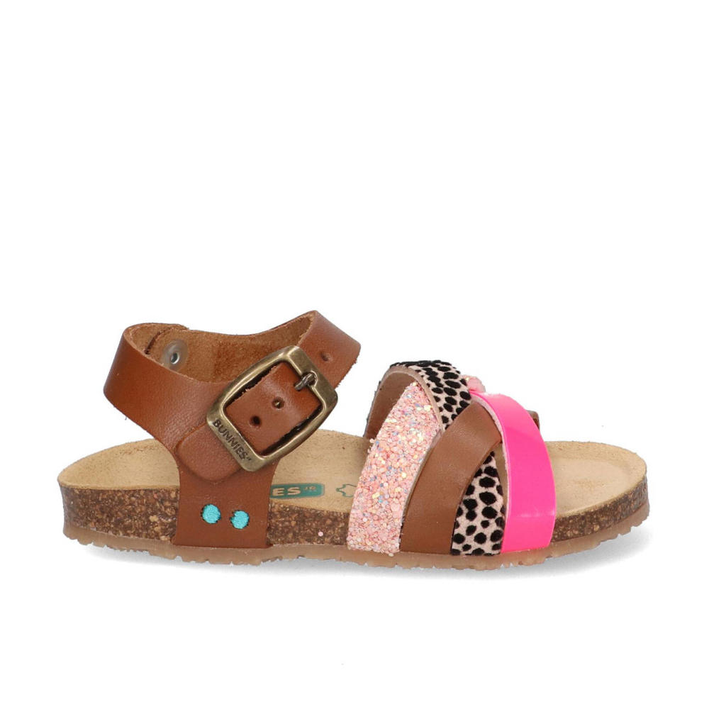 Cognac en roze meisjes Bunnies Becky Beach sandalen van imitatieleer met gesp en dierenprint