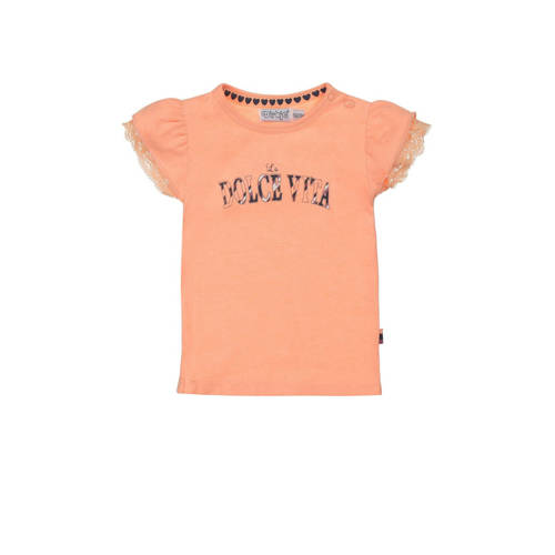 Dirkje T-shirt met printopdruk en kant oranje Meisjes Stretchkatoen Ronde hals
